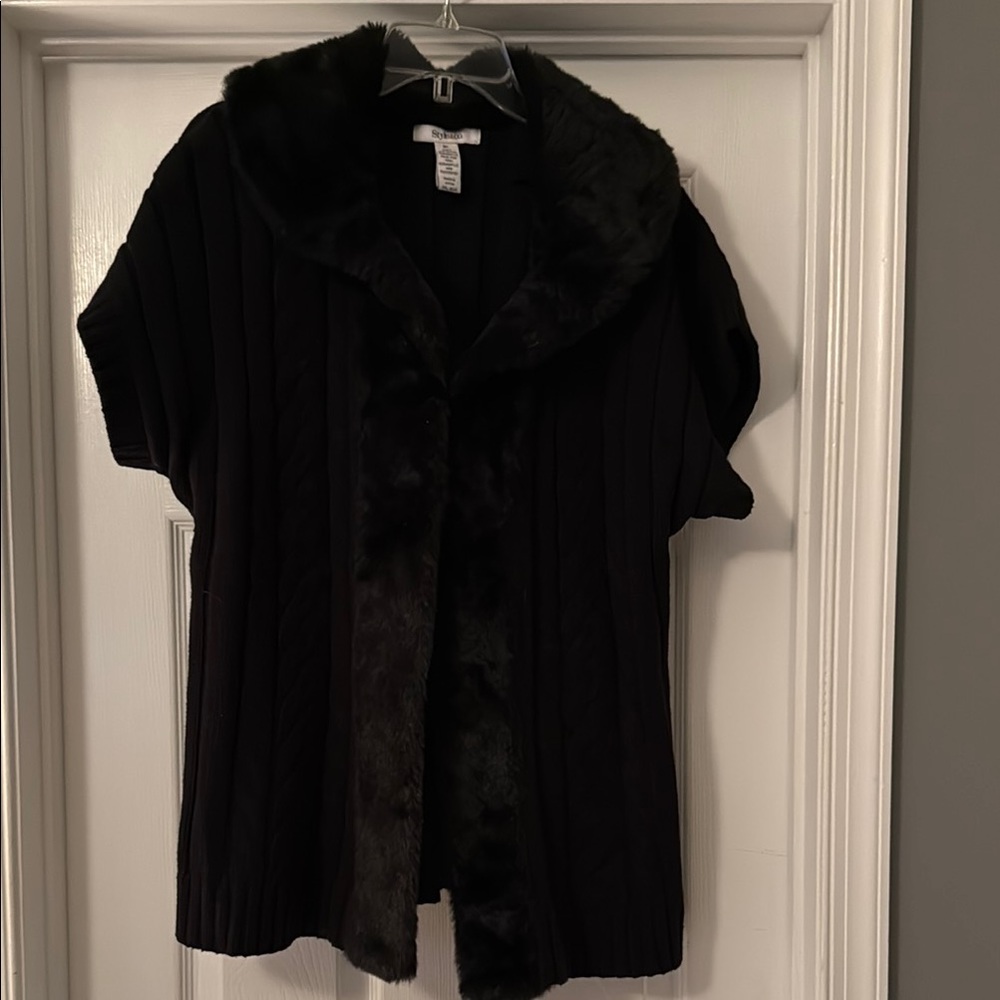 Style & Co Black Cardigan Sweater with Faux Fur Trim
